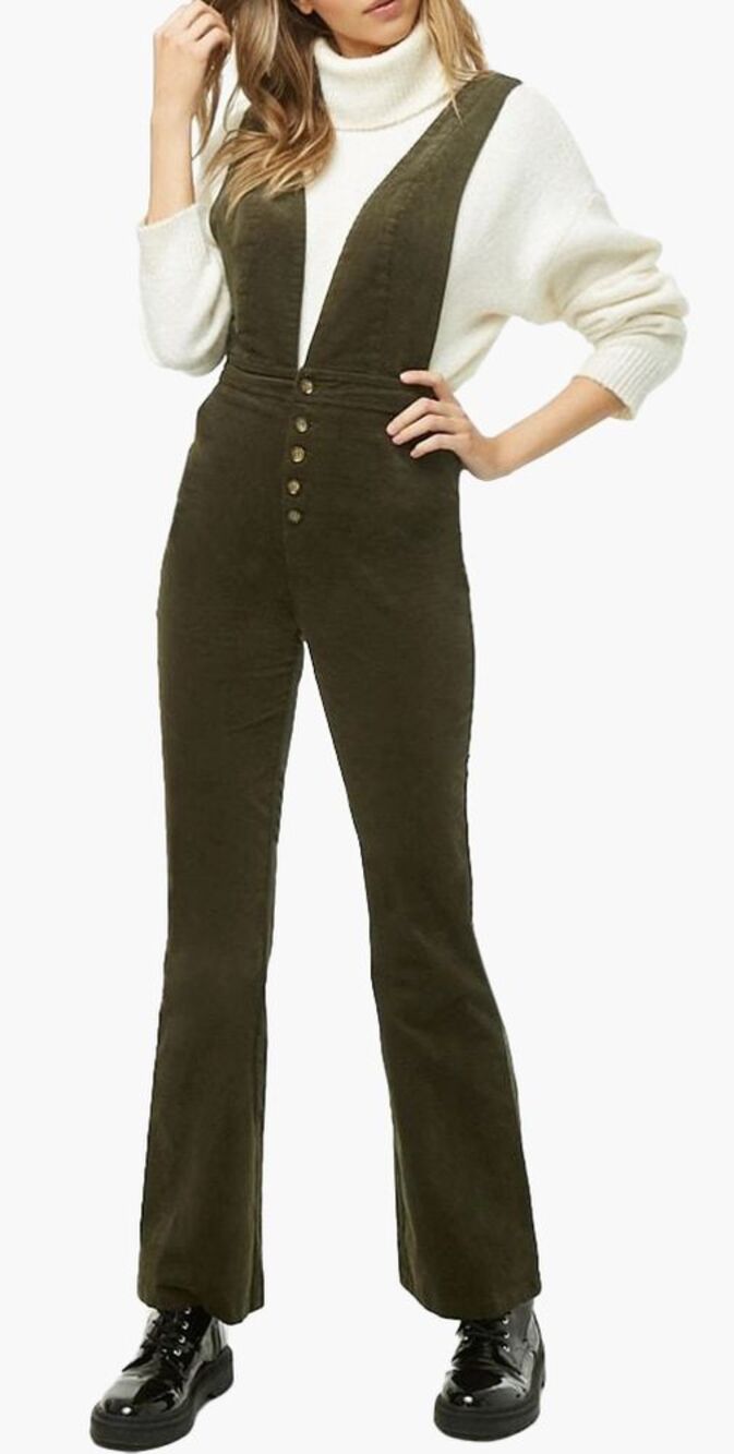 Forever 21 Plunging Flare Leg Corduroy Dark Green Overalls Jumpsuit Small